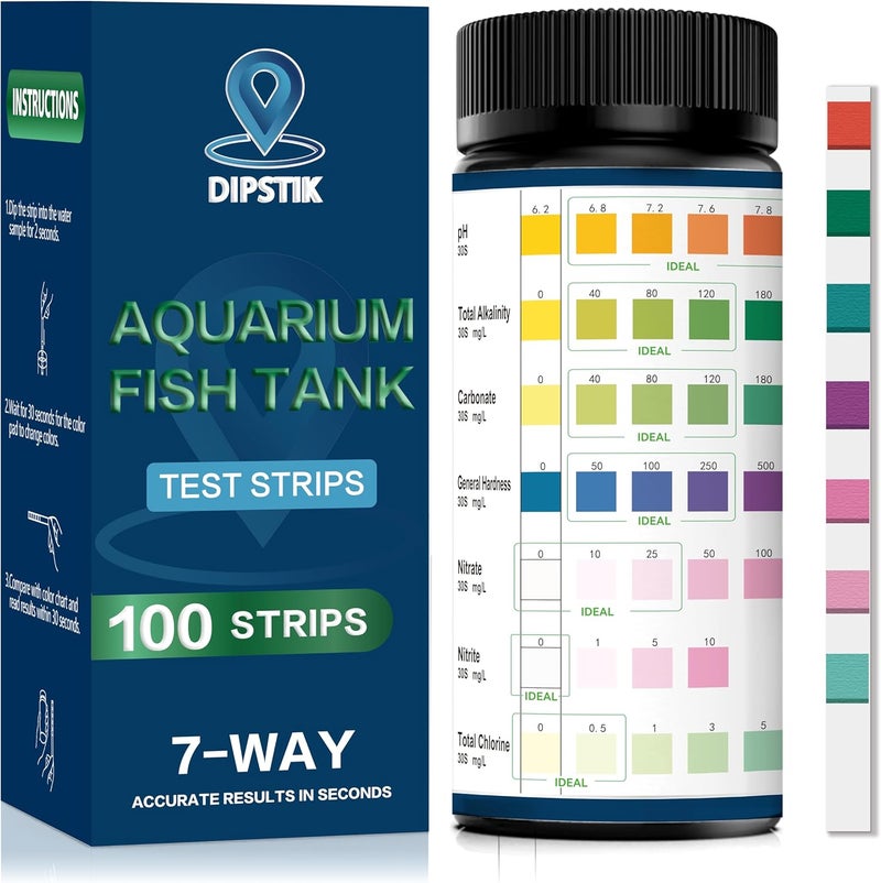 DIPSTIK Aquarium Test Strips, 7-Way Freshwater Saltwater Fish Tank Pond Test Kit, 100 Strips, Nitrate, Nitrite, Chlorine, Hardness, Alkalinity, Carbonate, pH - Image 1